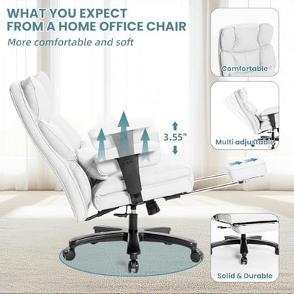 Big and Tall Office Chair with Foot Rest,Heavy Duty Office Chair(White) | PU Leather High Back Wide Desk Chair, Comfortable Executive Office Chair, 135° Reclining, Adjustable Padded Armrests - color: White
