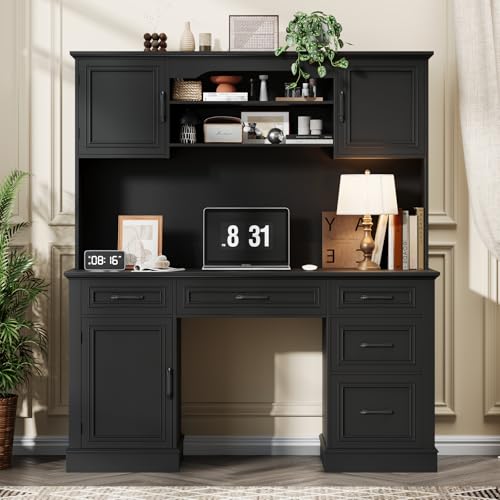 Vabches Executive Desk with 5 Drawers, Pure Black - color: Pure Black, size: Barn Doors