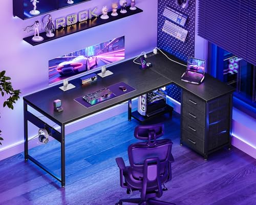 AODK 61" L Shaped Gaming Desk with 4 Drawers and Power Outlets, Black | USB Ports, PC Tower Stand, Hooks, Reversible Corner Layout for Gaming Rooms, Bedrooms and Home Office - color: Black, size: 61 Inch
