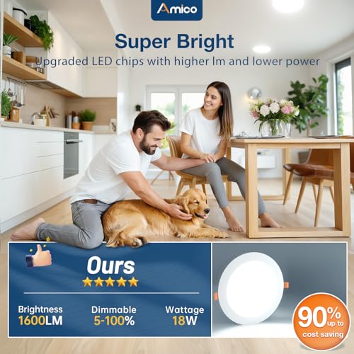 Amico 12 Pack 8 Inch LED Recessed Lighting, Canless Wafer Downlight, White | 5CCT 2700K-5000K, 5%-100% Dimmable, Ultra-thin, Metal housing, 1600LM 18W 120V, IC & Damp Rated, ETL & FCC, 50000h Life Span - color: White, size: 8 Inch