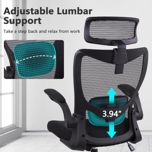 CLATINA Heavy Duty Ergonomic Mesh Office Chair 400LBS, Big and Tall Desk Chair with Adjustable Lumbar Support & Headrest, Flip Up Padded Arms, Swivel Computer Chair for Home, Conference, Black, 16 PK - size: 16 PK