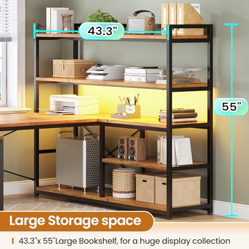 SEDETA L Shaped Desk with Storage Shelves, 63” Reversible U Shaped Office Desk, Gaming Desk with Power Outlet and LED Lights for Home Office, Rustic Brown - color: Rustic Brown