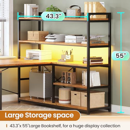 SEDETA L Shaped Desk with Storage Shelves, 63” Reversible U Shaped Office Desk, Gaming Desk with Power Outlet and LED Lights for Home Office, Rustic Brown - color: Rustic Brown