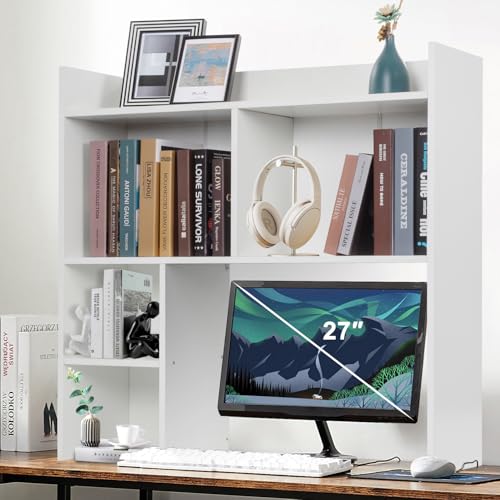 Desktop Bookshelf 36" Tall, White Desk Hutch for Dorm Computer Desk, 4-Tire Wood Desk Shelf Storage Organizer for Office Home
