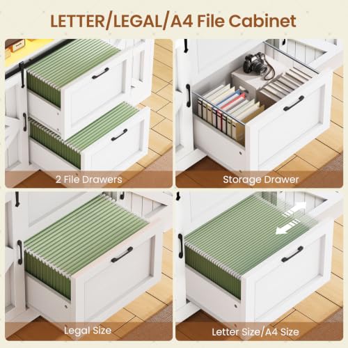 SEDETA 47.2" File Cabinet, 2 Drawers Filing Cabinets for Home Office fit Legal/Letter/A4 File, Farmhouse File Cabinet with Barn Door & Power Outlets, Printer Stand with Storage & LED Lights, White - color: White