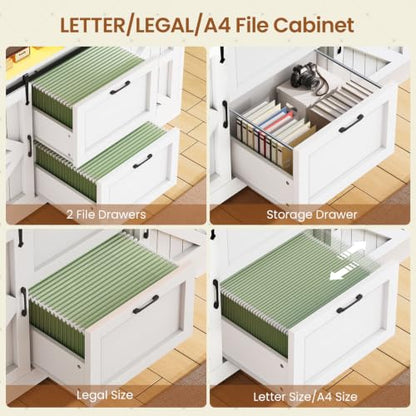 SEDETA 47.2" File Cabinet, 2 Drawers Filing Cabinets for Home Office fit Legal/Letter/A4 File, Farmhouse File Cabinet with Barn Door & Power Outlets, Printer Stand with Storage & LED Lights, White - color: White