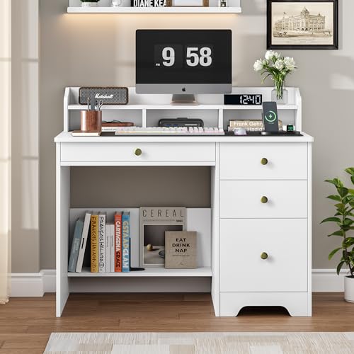 TTVIEW Computer Desk with Drawers and Hutch Shelf, Wood Executive Desk Writing Study Table with 43” Wide Tabletop, Small Desk with File Drawer for Home Office Bedroom, White - color: White