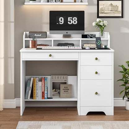 TTVIEW Computer Desk with Drawers and Hutch Shelf, Wood Executive Desk Writing Study Table with 43” Wide Tabletop, Small Desk with File Drawer for Home Office Bedroom, White - color: White