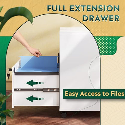 DEVAISE Office File Cabinet with Lock, 1-Drawer Wood Lateral Filing Cabinet on Wheels, Printer Stand with Open Storage Shelves for Home Office, White - color: White, style: Modern