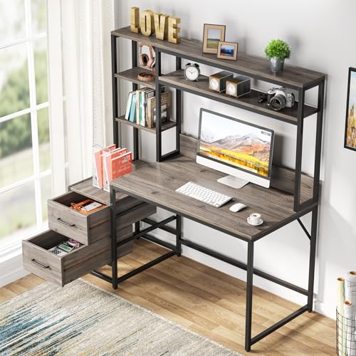 Tribesigns 55 Inch Computer Desk with 2 Drawers and Storage Shelves, Rustic Office Desk with Hutch, Study Writing Gaming Table Laptop Workstation for Home Office (Grey) - color: Grey