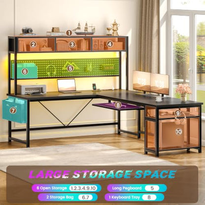 SEDETA 67" L Shaped Gaming Desk with Pegboard LED Lights and Power Outlet | Reversible Computer Desk with Keyboard Tray Hutch and Stoage Bag for Home Office, Black - color: Black With Power Outlet and Pegboard