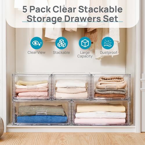 Vtopmart 5 Pack Large & Medium Storage Stackable Drawers Set | Easy Assembly Clear Plastic Storage Cabinet, Durable Dresser for Closet, Bedroom, Entryway, Playroom & Apartment Organization - style: 2pk L & 3pk M