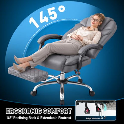 DurayLoly Big and Tall Office Chair, Retractable Footrest, 145° Recline - color: Grey