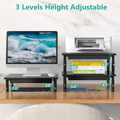 WALI Computer Monitor Stand with Storage, Desk Monitor Riser 3 Height Adjustable, Laptop Riser with Airflow Vents, Desk Organizer for Computer, Laptop, Printer, Notebook (STT003D-B), 1 Pack, Black | 3 Height Adjustable Laptop Monitor Riser with Airflow Ve