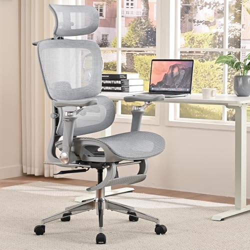 Mesh Ergonomic Office Chair with Footrest, Grey | 6D Armrests High Back Mesh Gaming Chair with Lumbar Support,Adjustable 3D Headrest for Home Office Desk Chair - color: Grey, style: Executive