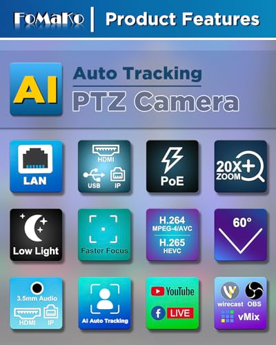 FoMaKo HDMI PTZ Camera, AI Auto-Tracking Gen 3, 20x Optical Zoom, IP USB3.0 HDMI,for Church Services Worship Education,Free NDI Upgrade,FMK12UH Pro(20x),Matte Silver - color: Matte Silver