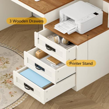 65" Farmhouse Computer Desk with Drawers and Printer Stand for Home Office - color: Brown and White