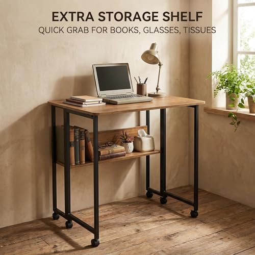 Mobile Foldable Computer Desk with Lockable Wheels & Fixed Foot Pads,Space Saving Folding Writing Gaming Table with Storage Shelf,Laptop Desk for Bedroom Small Apartment Office - color: Walnut Folding Table