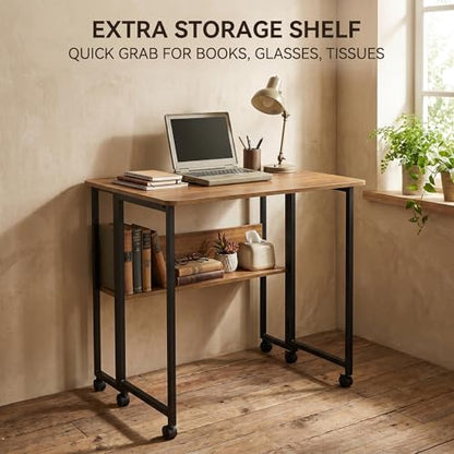 Mobile Foldable Computer Desk with Lockable Wheels & Fixed Foot Pads,Space Saving Folding Writing Gaming Table with Storage Shelf,Laptop Desk for Bedroom Small Apartment Office - color: Walnut Folding Table