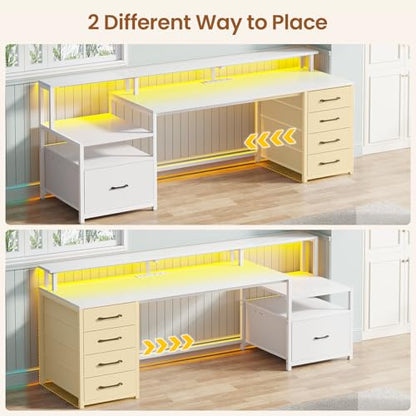 SEDETA Computer Desk with 5 Drawer, Power Outlet, Led Lights, White - color: White With Led Lights, size: 67X18.5inch