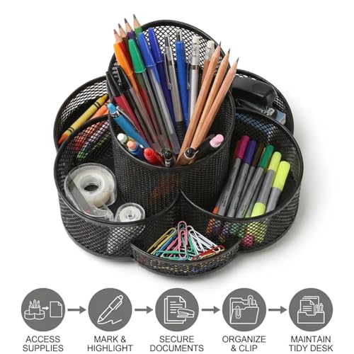 Multifunctional Desk Pen Holder,360°Rotating Metal Mesh Pen Holder,Office Learning Stationery Organiser (Black)