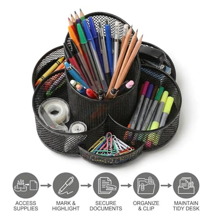 Multifunctional Desk Pen Holder,360°Rotating Metal Mesh Pen Holder,Office Learning Stationery Organiser (Black)