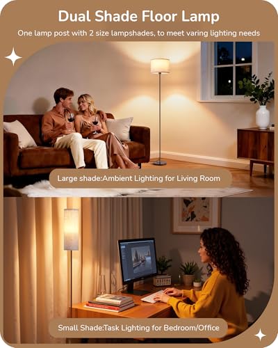 EDISHINE 2 Lampshades Modern Floor Lamps for Living Room Brown | Adjustable Brightness & Color Temperature, Remote Control & Foot Switch, LED A19 Bulb Included, Dimmable for Bedroom, Office - color: Brown
