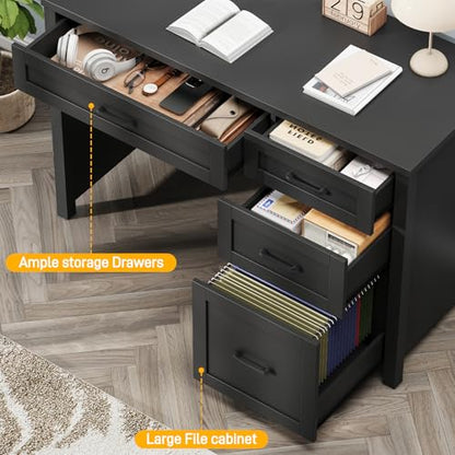Farmhouse 47" Computer Desk, Executive Desk with File Drawer, Pure Black | Workstation, Charging Station, for Study, Home Office - color: Unique Black