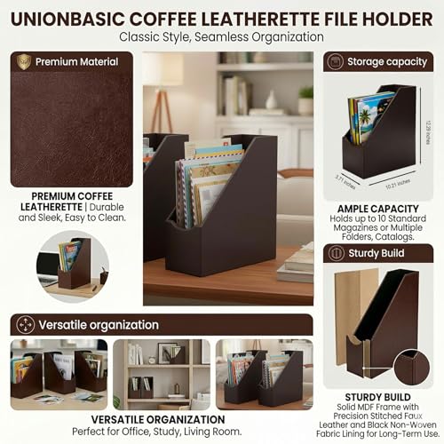 UnionBasic Magazine File Holder - Office Leatherette Desktop Document File Folder Journals Organizer Racks, Coffee, 1-piece - color: Coffee