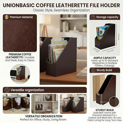 UnionBasic Magazine File Holder - Office Leatherette Desktop Document File Folder Journals Organizer Racks, Coffee, 1-piece - color: Coffee