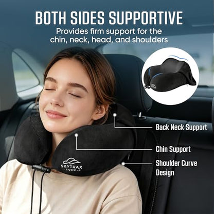 SkytraxComf® Travel Neck Pillow with Hood for Privacy on Long Flights | Memory Foam | Airplane Sleep | Safety-Tested Materials | Extra Large Hood | Chin Support | Earplugs | Washable Cover - color: Black