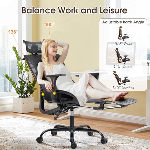 Black Ergonomic High Back Mesh Office Chair with Footrest | Adjustable Lumbar Support, Headrest, 360° Swivel, Reclining, Rolling Casters, Sturdy Base, for Home Office & Gaming - color: Black, style: Upgrade w/ footrest