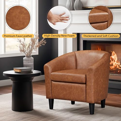 Topeakmart Faux Leather Accent Chair Set of 2, 300 lb Cap, Brown | Set of 2 PU Leather Barrel Chairs, U-shaped Backrest, Foam Seat, 18" Seat Height, Solid Wood Legs - color: Brown, size: Set of 2