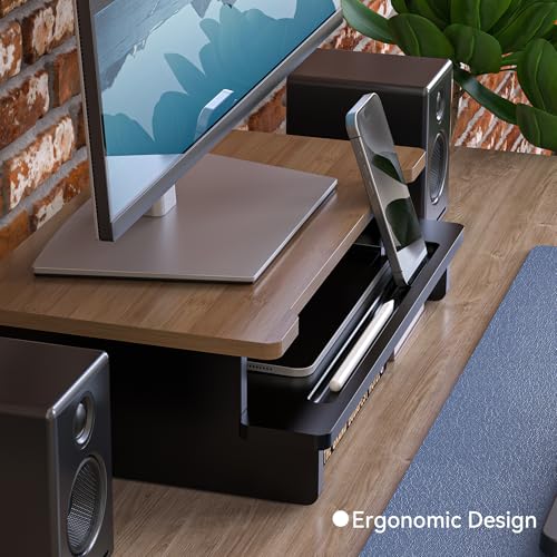 16.5” Bamboo Monitor Stand with Phone & Tablet Holder Desk Shelf - color: Black, size: 16.5 inch