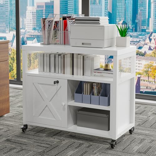 FUSUNBAO Farmhouse Printer Stand with Storage, Rolling Printer Cabinet with Shelves, Charge Station, Wheels, and File Cabinet for Home Office Storage (White) - color: White