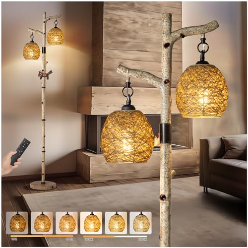 Scenekoy 68.5" Rustic Floor lamp with Remote Control, Bird Nest Lantern | Stepless Dimmable, 3 Color Temperature, Birch Tree Finish, Farmhouse Vintage Standing Lamp Decor for Living Room Bedroom - color: Multicolor