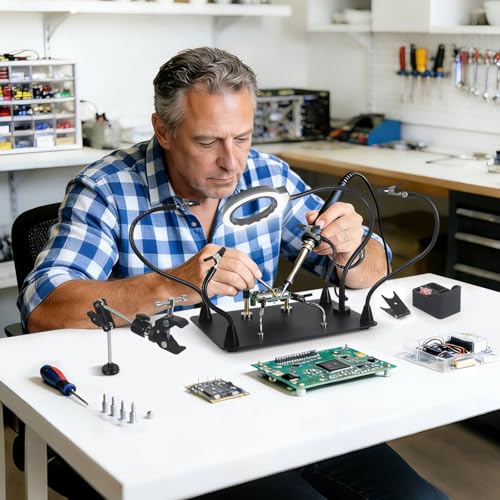 Magnetic Helping Hands Soldering Station with 5X LED Magnifying Lamp, 6 Flexible Arms, 360° Soldering Clamp, Heavy Duty Base, Magnetic Third Hand Tool for Precision Soldering, Electronics & DIY