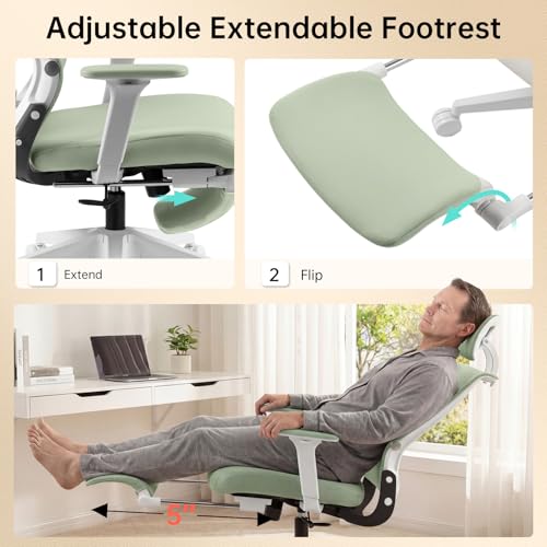 Ergonomic Foldable Office Chair with Footrest and Lumbar Support, Green | Compact desk chair with space-saving folding design, 2D headrest, 2D armrests, computer cahirs for home office - color: Green