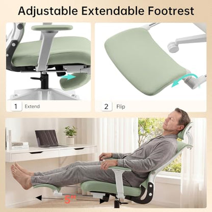 Ergonomic Foldable Office Chair with Footrest and Lumbar Support, Green | Compact desk chair with space-saving folding design, 2D headrest, 2D armrests, computer cahirs for home office - color: Green