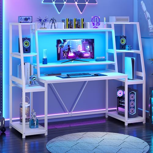 SEDETA 65.7'' Gaming Desk with LED Lights, Hutch and Storage Shelves, White - color: White, size: 65.7 inches