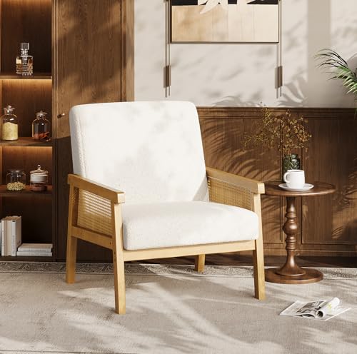 Garvee Boucle Accent Chair, Rattan Armchair with Wooden Frame, High Back, Upholstered Reading Chair Leisure Chairs for Living Room Bedroom Waiting Room Reception, White - color: Boucle, White