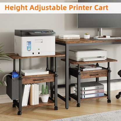 YAOHUOO 22"x15" Large Printer Stand with Drawer, 3-Tier Rolling Table Cart - color: Rustic Brown, size: 3-Tier