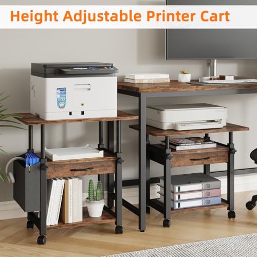 YAOHUOO 22"x15" Large Printer Stand with Drawer, 3-Tier Rolling Table Cart - color: Rustic Brown, size: 3-Tier