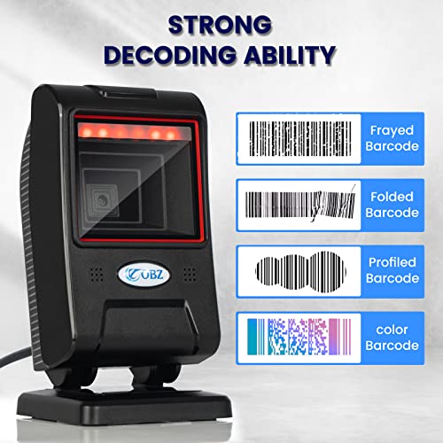 OBZ Hands-Free Desktop Barcode Scanner,Omnidirectional 1D 2D QR Code Reader with Adjustable Scan Head,USB Wired Automatic Sensing Bar Code Scanner for PC,Android,POS,Linux,Warehouse,Retail,Supermarket
