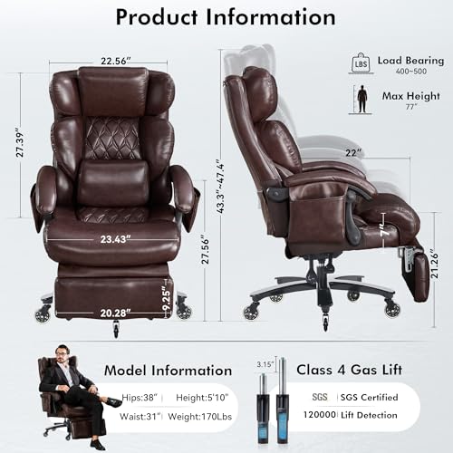 Big and Tall Ergonomic Massage Office Chair with Footrest, PU Leather Brown | 3 Removable Cushions, Heat Vibration Massage, Lumbar Support, High Back Reclining 105°-160°, 2 Pockets, Silent Wheels, 500LBS - color: Brown