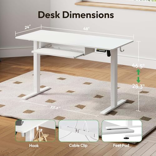 48 x 24 Inch Electric Standing Desk with Keyboard Tray, White | 3-Year Free Motor Replacement, 28.3-46.5 in Height, 3 Presets, 45 dB or Less, 154 lb Capacity, Keyboard Tray - color: White, size: 48X24