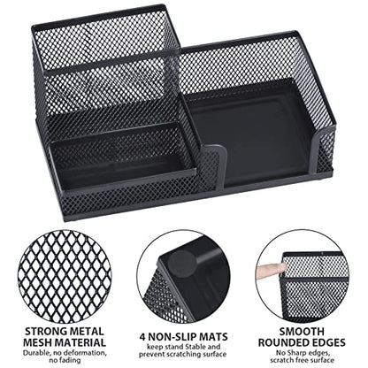 2-Piece Desk Pen & Pencil Organizer - Mesh Metal Pen Cup with Sticky Notes Holder, Black | Pen Cup - style: Square