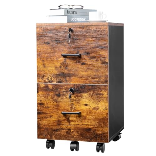VINGLI 2-Drawer Small Rolling File Cabinet with Lock, Wood Filing Cabinet for Hanging Letter Size Filings with Tabs, Mobile Under Desk File Cabinets for Home Office, Rustic Brown, 27.2" H - color: Rustic Brown, size: Standard 2 Drawer
