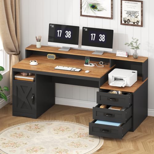 65" Farmhouse Computer Desk with Drawers and Printer Stand for Home Office - color: Brown and Black