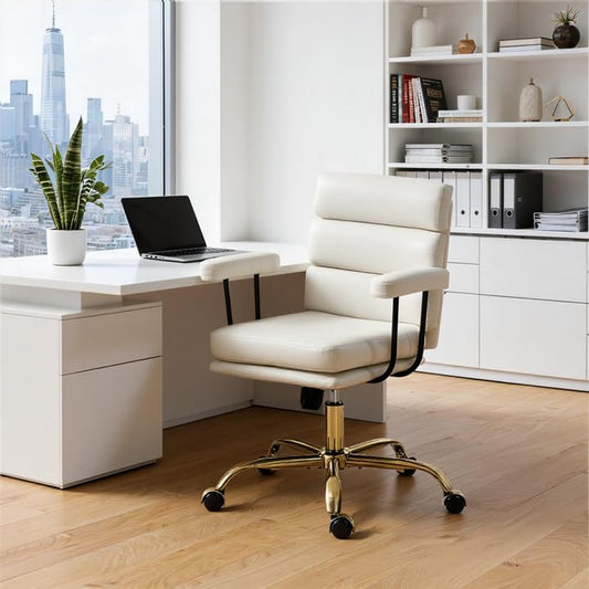 Leather Office Chair with Wheels,Ergonomic Swivel Rolling Task Chair,Padded Seat and Armrests,Adjustable Height Home Desk Chair,Executive Computer Chair, Gold Base Makeup Vanity Chair,White - color: White